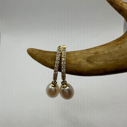 Vintage Gold Earrings | Tiny White Pearl Gemstone Deco Dangle Hoop Loop Earrings | Golden 925 Sterling Silver Elegant Everyday Jewelry