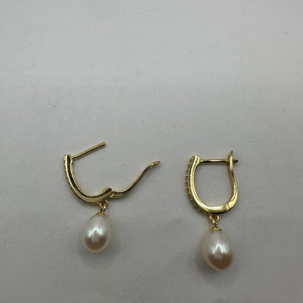 Vintage Gold Earrings | Tiny White Pearl Gemstone Deco Dangle Hoop Loop Earrings | Golden 925 Sterling Silver Elegant Everyday Jewelry