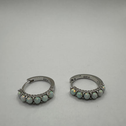 Vintage Silver Earrings | Tiny White Fire Opal Gemstone Bead Hoop Loop Huggie Earrings | 925 Sterling Silver Small Minimalist Everyday