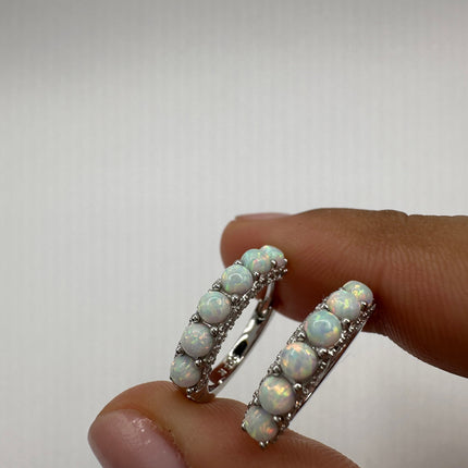 Vintage Silver Earrings | Tiny White Fire Opal Gemstone Bead Hoop Loop Huggie Earrings | 925 Sterling Silver Small Minimalist Everyday
