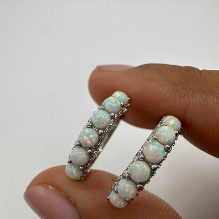 Vintage Silver Earrings | Tiny White Fire Opal Gemstone Bead Hoop Loop Huggie Earrings | 925 Sterling Silver Small Minimalist Everyday