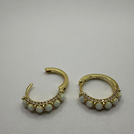 Vintage Gold Earrings | Tiny White Fire Opal Gemstone Dainty Hoop Huggie Earrings
