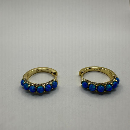 Vintage Gold Earrings | Tiny Blue Fire Opal Hoop Huggie Cuff | Golden 925 Sterling Silver Earrings | Something Blue Wedding Everyday Jewelry