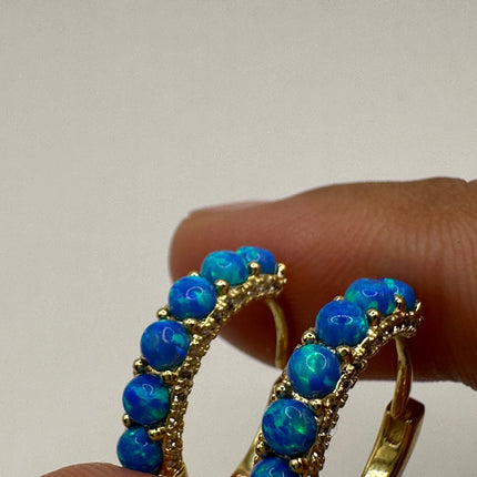 Vintage Gold Earrings | Tiny Blue Fire Opal Hoop Huggie Cuff | Golden 925 Sterling Silver Earrings | Something Blue Wedding Everyday Jewelry