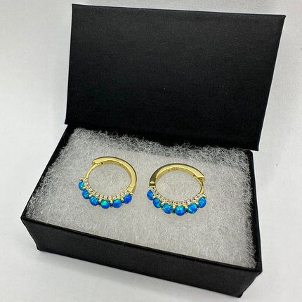 Vintage Gold Earrings | Tiny Blue Fire Opal Hoop Huggie Cuff | Golden 925 Sterling Silver Earrings | Something Blue Wedding Everyday Jewelry