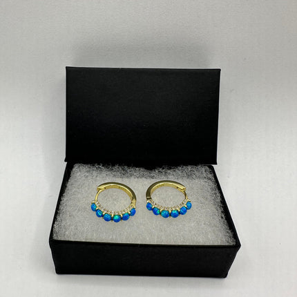Vintage Gold Earrings | Tiny Blue Fire Opal Hoop Huggie Cuff | Golden 925 Sterling Silver Earrings | Something Blue Wedding Everyday Jewelry