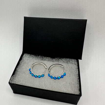 Vintage Silver Earrings | Tiny Blue Fire Opal Hoop Huggie Cuff | 925 Sterling Silver Earrings | Something Blue Wedding Everyday Jewelry