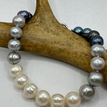 Vintage Beaded Bracelet | White Black Pearl Gemstones Hand Knotted Bracelet | 925 Sterling Silver Clasp