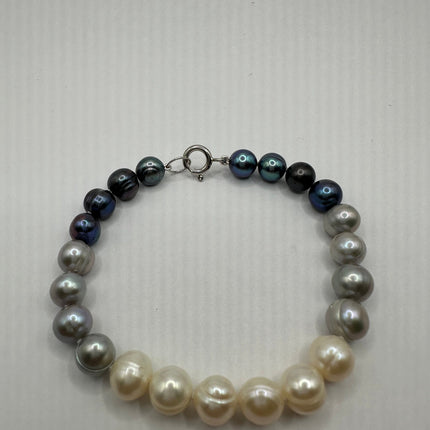 Vintage Beaded Bracelet | White Black Pearl Gemstones Hand Knotted Bracelet | 925 Sterling Silver Clasp