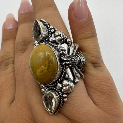 Vintage Jasper Ring | Silver Finished Bronze Citrine Jasper Stone Large Cocktail Ring | Make a Statement with this Unique RIng