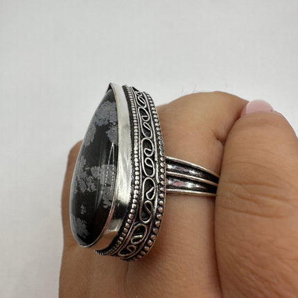 Vintage Gemstone Ring | Snowflake Obsidian Large Statement Cocktail Ring | Silver Bronze | Size 9