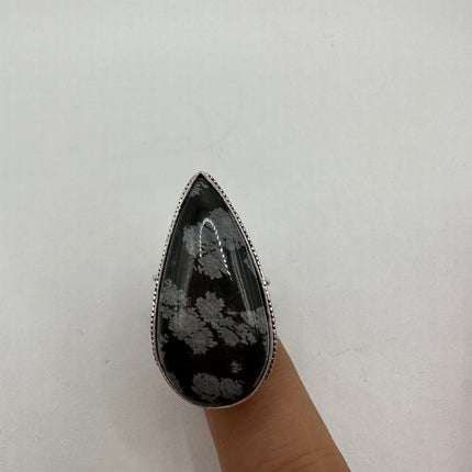 Vintage Gemstone Ring | Snowflake Obsidian Large Statement Cocktail Ring | Silver Bronze | Size 9