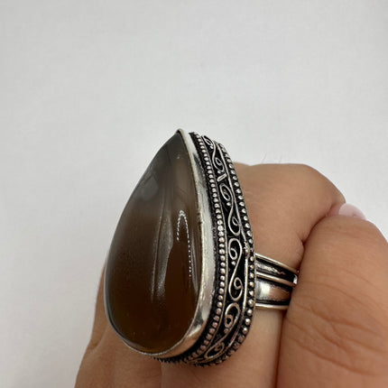 Vintage Gemstone Ring | Boho Deep Red Carnelian Silver Band | Silver Finished Bronze Statement Cocktail Ring