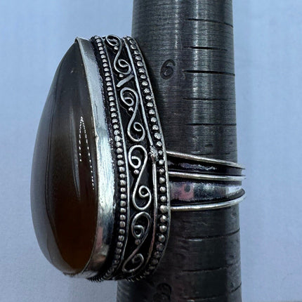 Vintage Gemstone Ring | Boho Deep Red Carnelian Silver Band | Silver Finished Bronze Statement Cocktail Ring