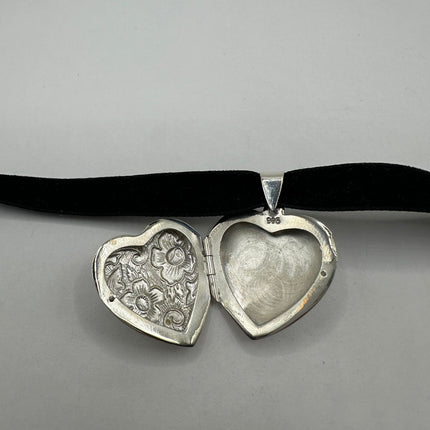 Vintage Silver Locket | Small Etched Heart Photo Charm | 925 Sterling Silver Pendant | Holds Small Photo | Tiny Memory Choker Necklace