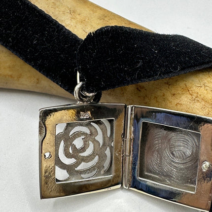 Vintage Silver Photo Locket | Rose Design 925 Sterling Silver Pendant Locket Velvet Choker Necklace | Photo Memory Engravable Charm Necklace