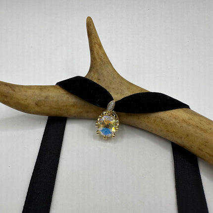 Vintage Golden Velvet Choker Necklace 925 Sterling Silver White Mystic Topaz