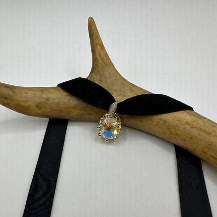 Vintage Golden Velvet Choker Necklace 925 Sterling Silver White Mystic Topaz