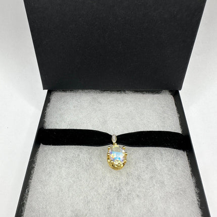 Vintage Golden Velvet Choker Necklace 925 Sterling Silver White Mystic Topaz
