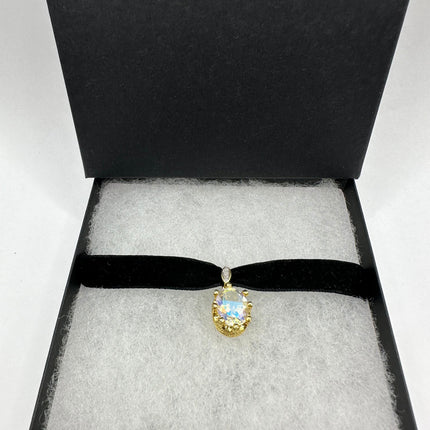Vintage Golden Velvet Choker Necklace 925 Sterling Silver White Mystic Topaz