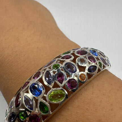 Vintage Silver Cuff | Mixed Citrine Amethyst Blue Topaz Peridot Garnet Gemstone Bangle Cuff Bracelet | Rhodium Finished 925 Sterling Silver