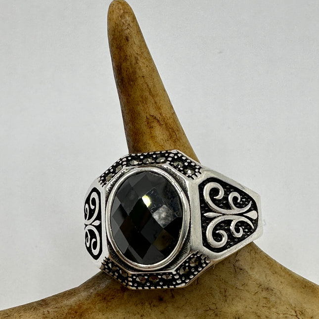 Vintage Hematite Crystal Men's Ring Band 925 Sterling Silver