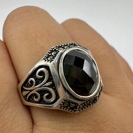 Vintage Hematite Crystal Men's Ring Band 925 Sterling Silver