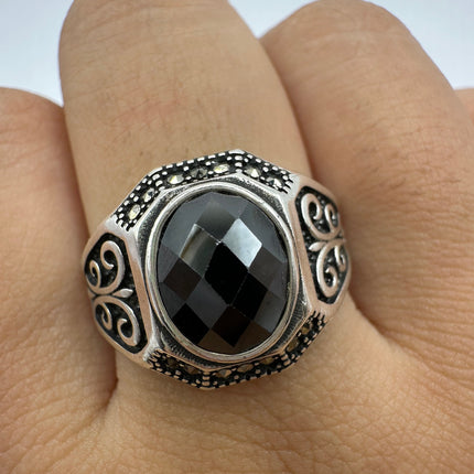 Vintage Hematite Crystal Men's Ring Band 925 Sterling Silver