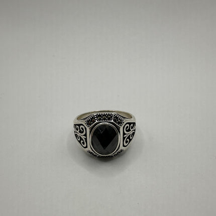 Vintage Hematite Crystal Men's Ring Band 925 Sterling Silver