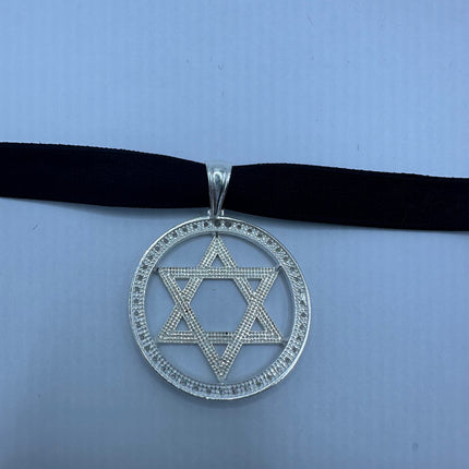 Vintage Silver Star of David Pendant Choker Necklace | 925 Sterling Silver Jewish Star Velvet Ribbon Statement Charm Choker Necklace
