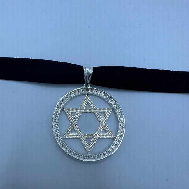 Vintage Silver Star of David Pendant Choker Necklace | 925 Sterling Silver Jewish Star Velvet Ribbon Statement Charm Choker Necklace