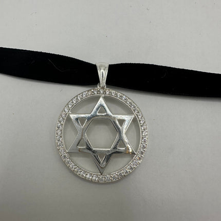 Vintage Silver Star of David Pendant Choker Necklace | 925 Sterling Silver Jewish Star Velvet Ribbon Statement Charm Choker Necklace