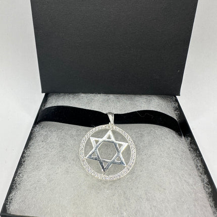 Vintage Silver Star of David Pendant Choker Necklace | 925 Sterling Silver Jewish Star Velvet Ribbon Statement Charm Choker Necklace