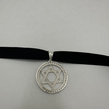 Vintage Silver Star of David Pendant Choker Necklace | 925 Sterling Silver Jewish Star Velvet Ribbon Statement Charm Choker Necklace