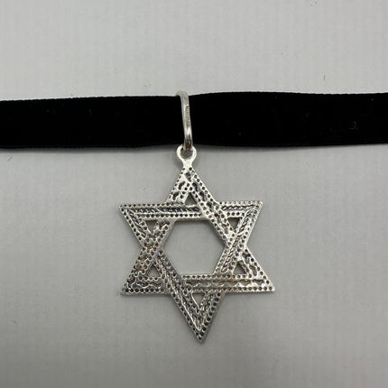 Vintage Silver Star of David Pendant Choker Necklace | 925 Sterling Silver Jewish Star Velvet Ribbon Statement Charm Choker Necklace