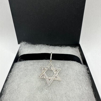 Vintage Silver Star of David Pendant Choker Necklace | 925 Sterling Silver Jewish Star Velvet Ribbon Statement Charm Choker Necklace