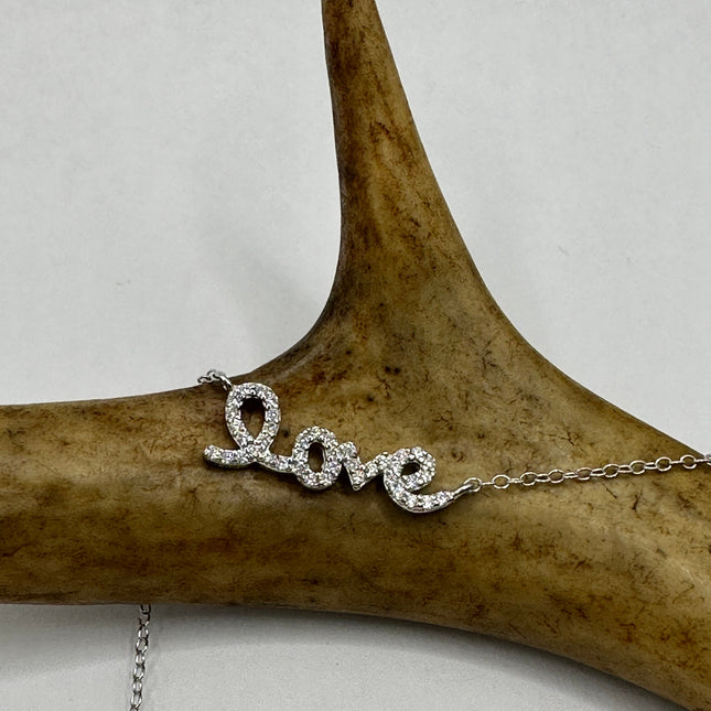 Vintage Silver Necklace | Mini Love Word Script Tiny Cubic Zirconia Crystal Diamond | 925 Sterling Silver Delicate Chain Necklace