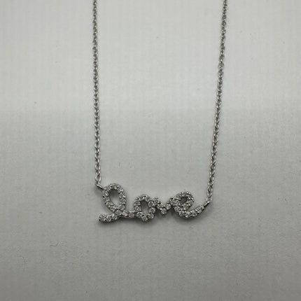 Vintage Silver Necklace | Mini Love Word Script Tiny Cubic Zirconia Crystal Diamond | 925 Sterling Silver Delicate Chain Necklace