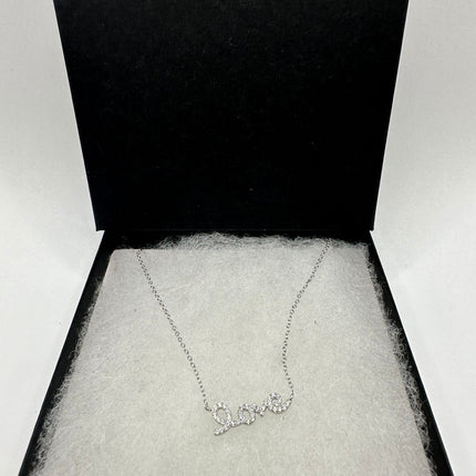 Vintage Silver Necklace | Mini Love Word Script Tiny Cubic Zirconia Crystal Diamond | 925 Sterling Silver Delicate Chain Necklace