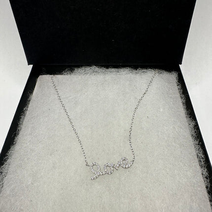 Vintage Silver Necklace | Mini Love Word Script Tiny Cubic Zirconia Crystal Diamond | 925 Sterling Silver Delicate Chain Necklace