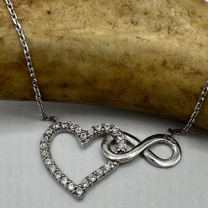 Vintage Love Heart Eternity 925 Sterling Silver chain Necklace