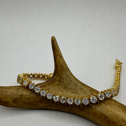 Vintage Gold Tennis Bracelet | Bezel Set Cubic Zirconia Clear Crystal Diamond | Golden 925 Sterling Silver Elegant Everyday Wedding Jewelry