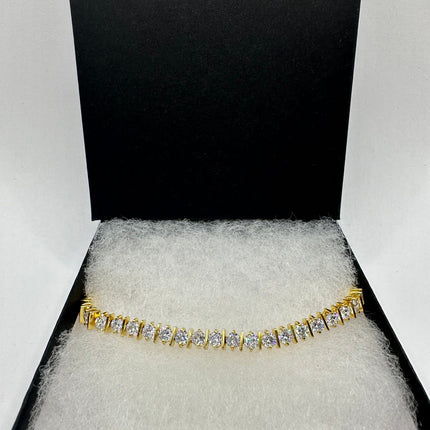 Vintage Gold Tennis Bracelet | Bezel Set Cubic Zirconia Clear Crystal Diamond | Golden 925 Sterling Silver Elegant Everyday Wedding Jewelry