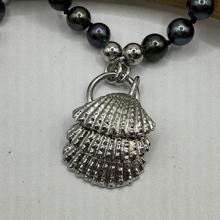 Vintage Sea shell 925 Sterling Silver chain black pearl Necklace
