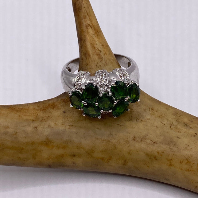 Vintage Silver Ring | Emerald Green Chrome Diopside White Sapphire Gemstone Multistone Cluster Cocktail | 925 Sterling Silver Wedding Band