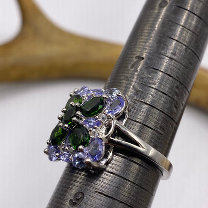 Vintage Green Chrome Diopside Blue Tanzanite Ring Band 925 Sterling Silver