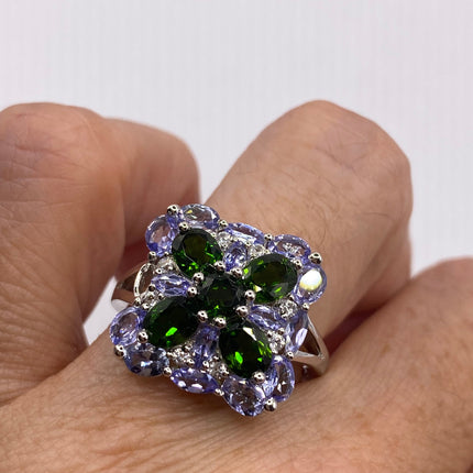 Vintage Green Chrome Diopside Blue Tanzanite Ring Band 925 Sterling Silver