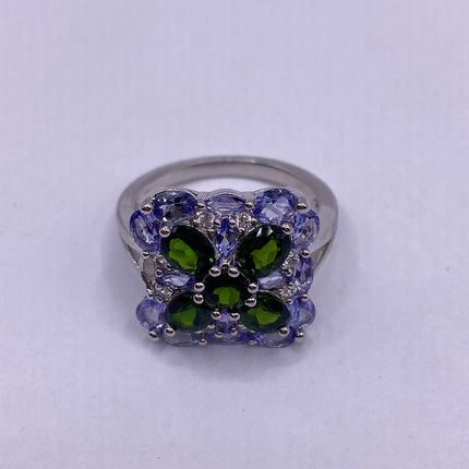 Vintage Green Chrome Diopside Blue Tanzanite Ring Band 925 Sterling Silver