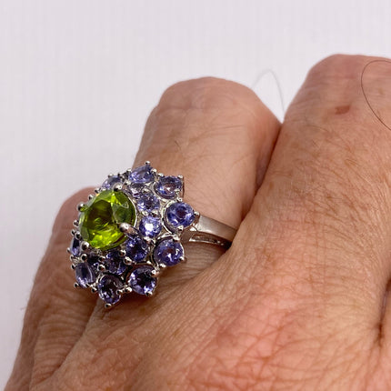 Vintage Silver Ring | Green Peridot Blue Tanzanite Gemstone Crystal Birthstone Ring | 925 Sterling Silver Band Crystal Cluster Cocktail Ring