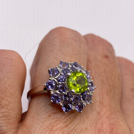 Vintage Silver Ring | Green Peridot Blue Tanzanite Gemstone Crystal Birthstone Ring | 925 Sterling Silver Band Crystal Cluster Cocktail Ring